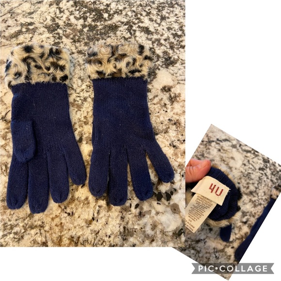Anthropologie Accessories - Anthropologie navy gloves with faux leopard fur cuffs